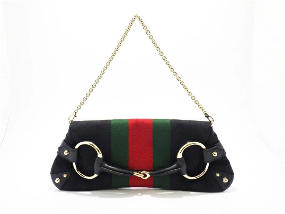 Gucci Horsebit Chain Shoulder Bag GG Canvas Black
